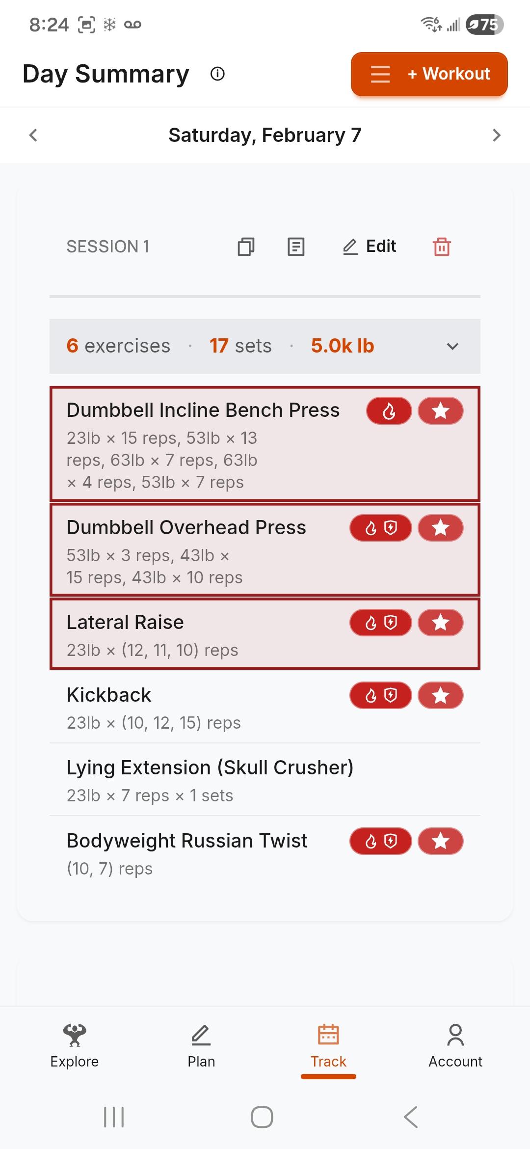 Day summary with highlighted exercises per muscle