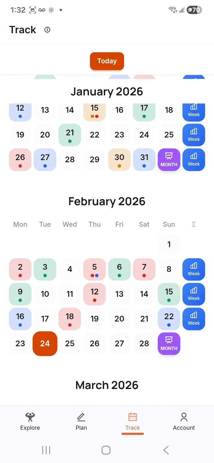 Training calendar with color-coded sessions